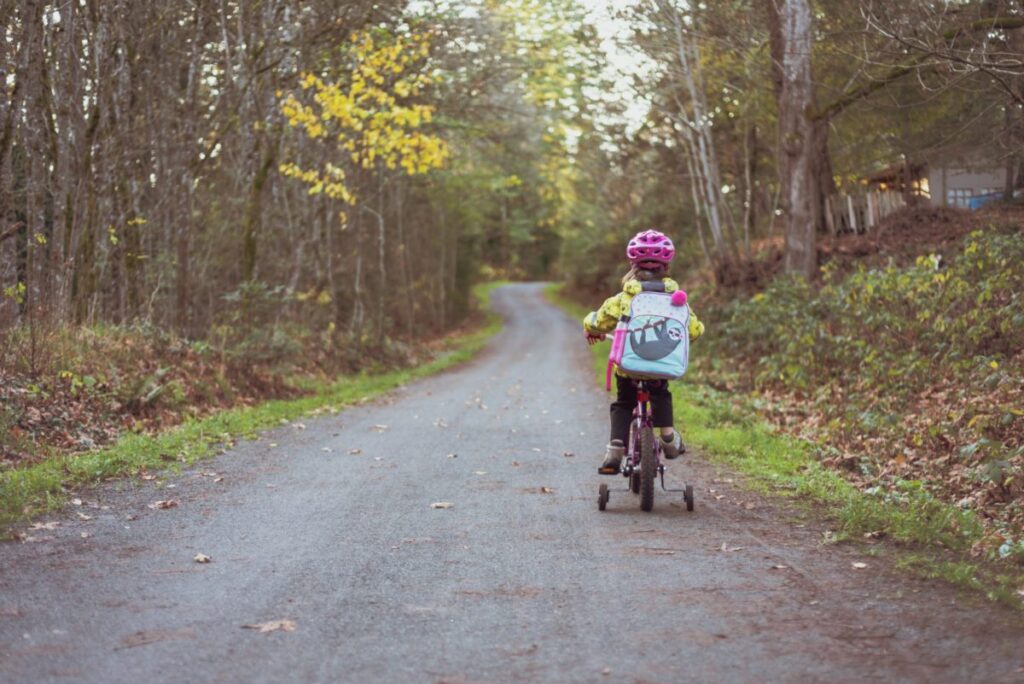 Toddler riding bicycle on road